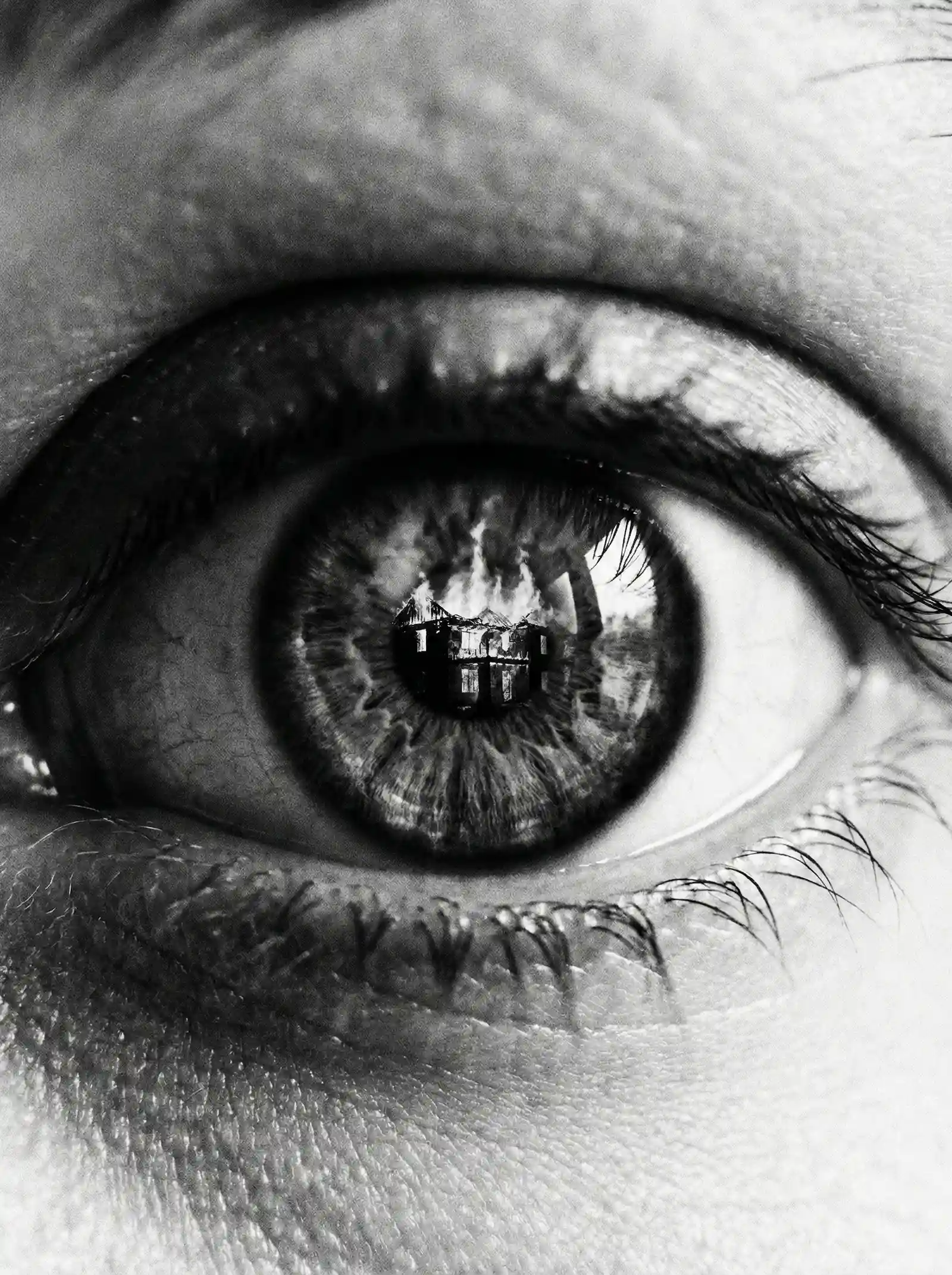 独立电影 海报：瞳孔中映射的燃烧建筑